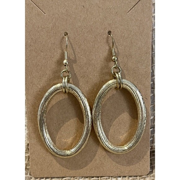 Vintage Jewelry - LARGE GOLD TONE METAL OVAL HOOP DANGLE EARRINGS